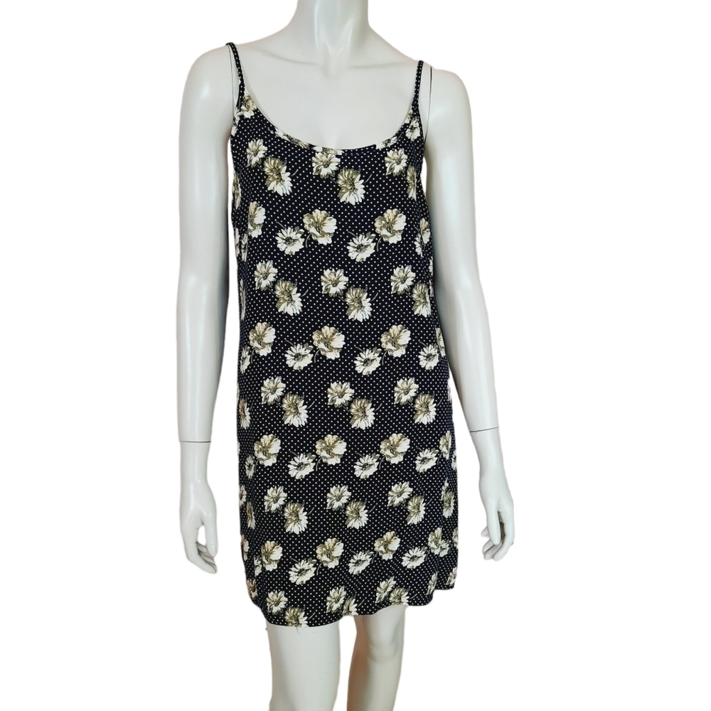 Vintage 90s Slip Dress Small to Medium Rayon Polka Dot Daisy Print Sun Dress